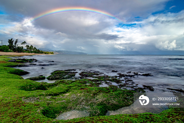 rainbow ove beach at Laniakea on north shore of Oahu