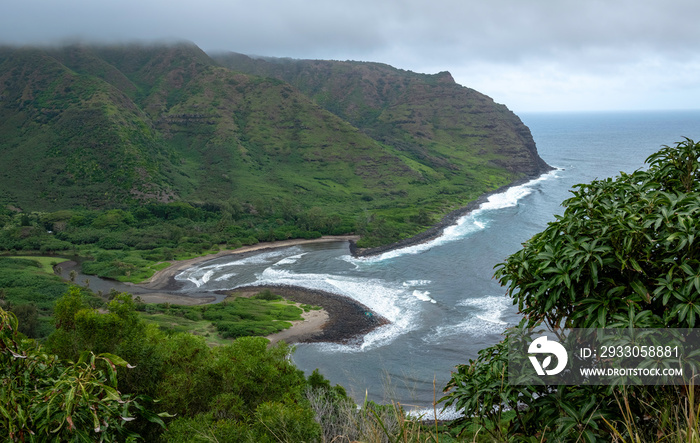 Scenic overlook of Halawa Valley on the east side of Molokai, Hawaii