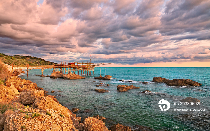 Rocca San Giovanni, Chieti, Abruzzo, Italy: the Adriatic sea coast with a fishing hut trabocco