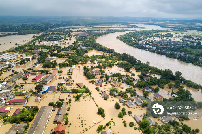 Aerial view of flooded houses with dirty water of Dnister river in Halych town, western Ukraine.