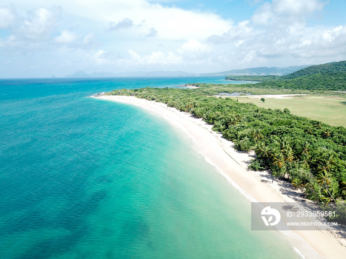 Aerial view of turquoise caribbean sea and white sand beach