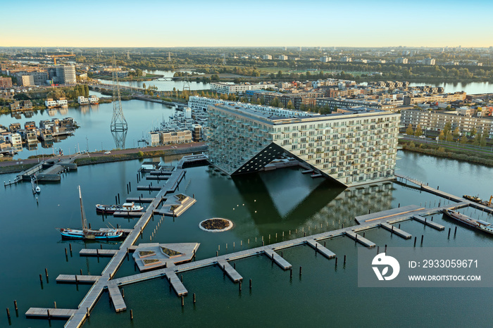 Aerial from the Sluishuis in IJburg Amsterdam the Netherlands at sunset