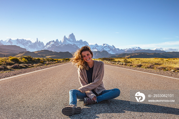 Person on an empty road to El Chaltén Patagonia Argentina