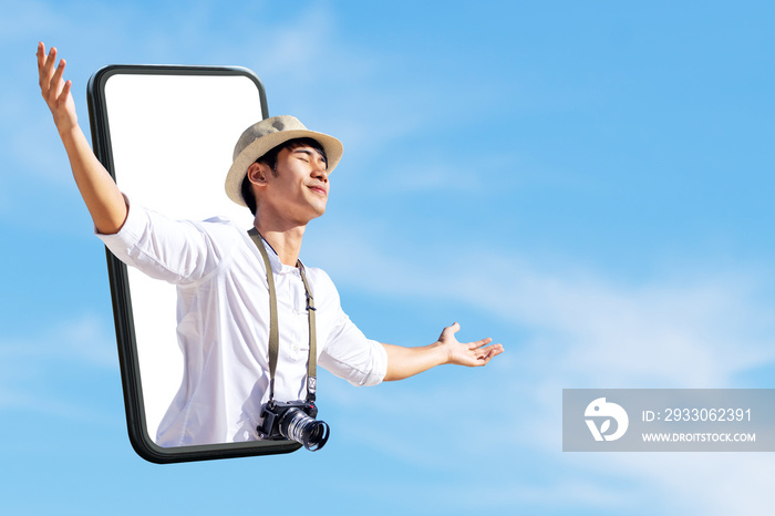 New normal digital 360 virtual tour experiance, safe travel bubble, travel solution leisure technology concept. Young attractive happy asian man close eyes, wide open arm thru out phone.