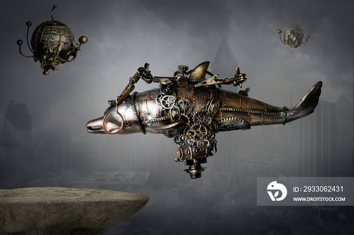 Steampunk robot macchina volante del futuro