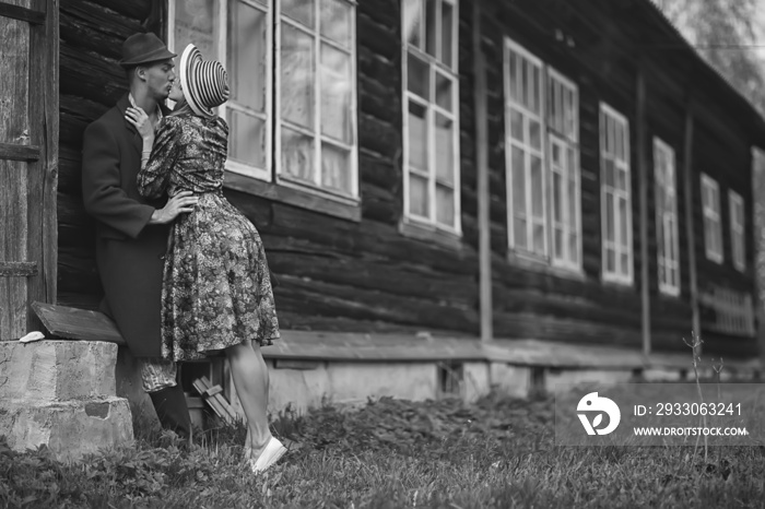 vintage couple in love village black and white french retro style man and woman