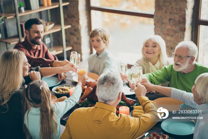 Portrait of nice lovely cheerful cheery big full family brother sister couples eating homemade brunch feast clinking glass meeting in loft brick industrial style interior house indoors