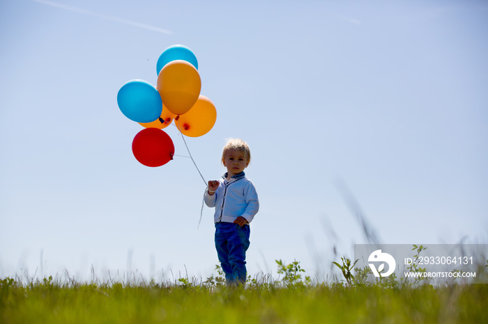 Little boy, toddler, child playing with colorful balloons in the park on kids day, sunny summer afternoon