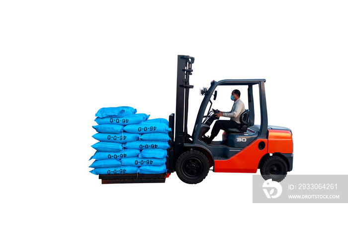 Man driving a forklift isolated on white background