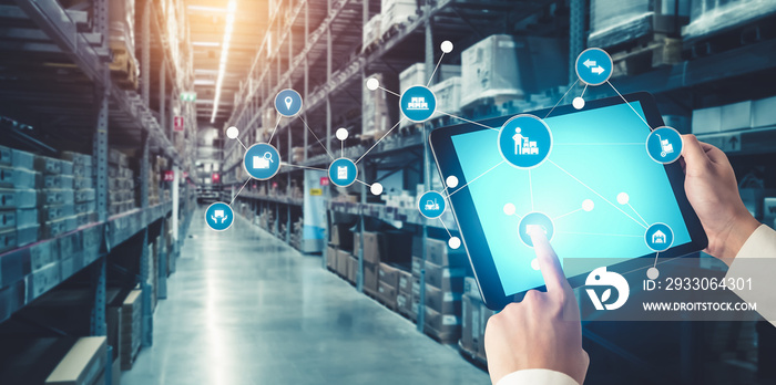 Smart warehouse management system with innovative internet of things technology to identify package picking and delivery . Future concept of supply chain and logistic network business .