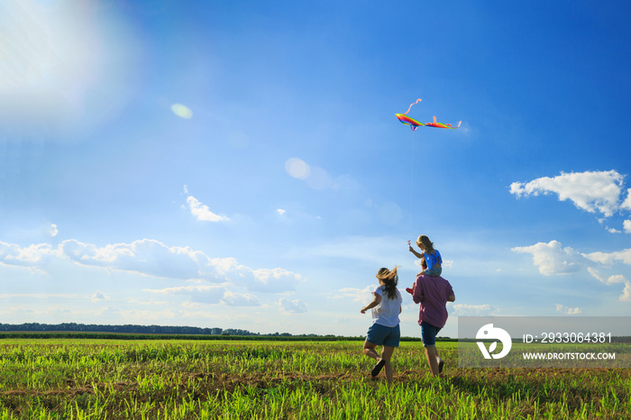 Mother, father and daughter are flying a kite in the field. back view, copy space.