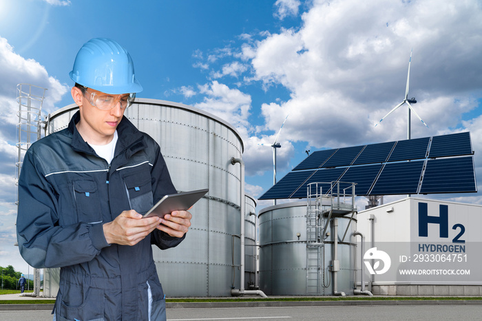 Engineer with tablet computer on a background of Hydrogen factory