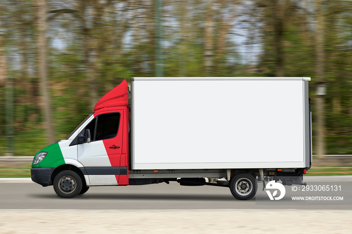 Italian delivery truck in motion on forest road.