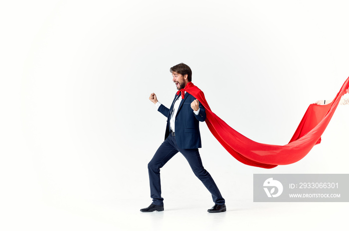 business man in suit red cloak work power superman