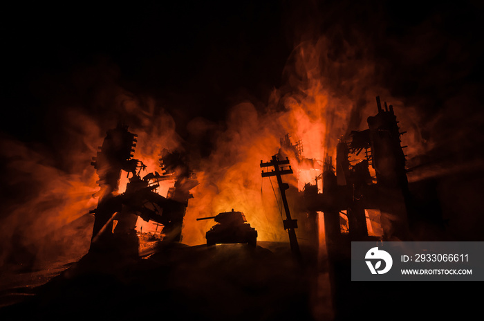 War Concept. Military silhouettes fighting scene on war fog sky background, World War Soldiers Silhouette Below Cloudy Skyline At night.