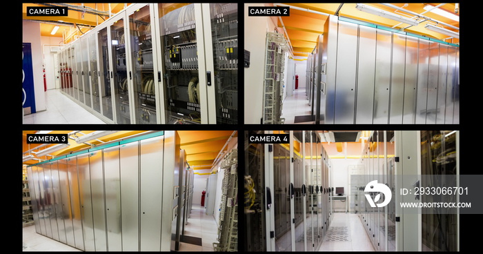 Composite of views from four security cameras in computer server rooms of a business