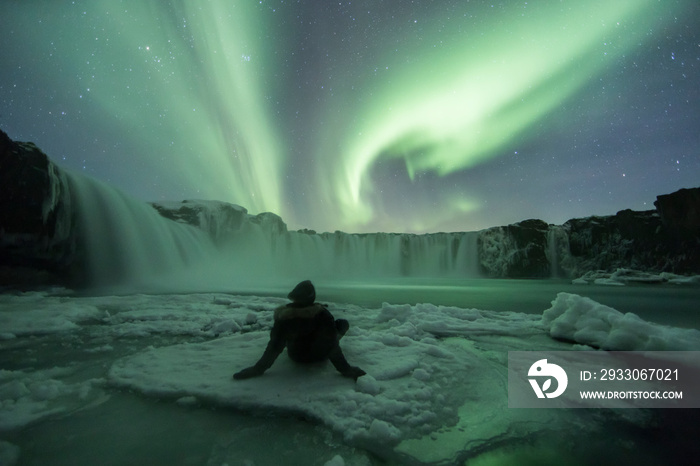 Northern Lights (Aurora Borealis) above Godafoss Waterfall, Iceland