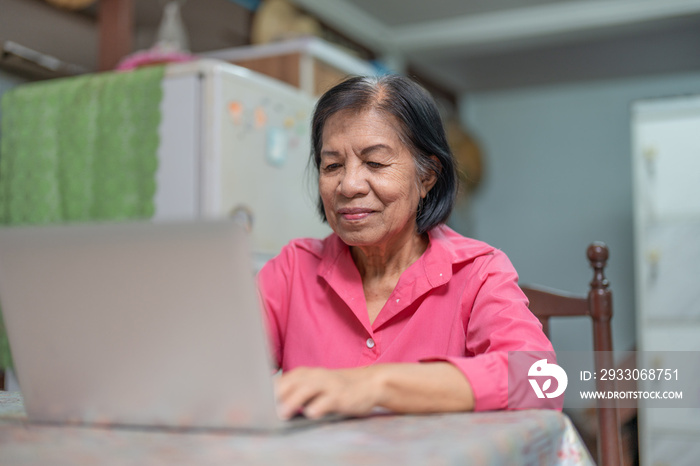 Happy Asian elderly woman learning to use laptop computer for internet, searching, and video conference online with family at home.