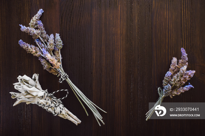 Dried Lavender and Sage on Dark Wood Table