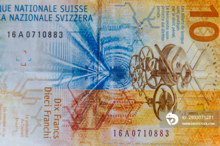 Macro shot of the ten swiss francs banknote