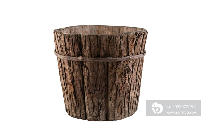 Vintage wooden flowerpot isolated on white background with clipping path