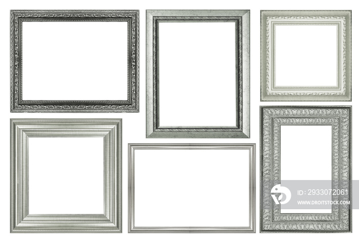 collection of vintage silver and wood picture frame, isolated on white