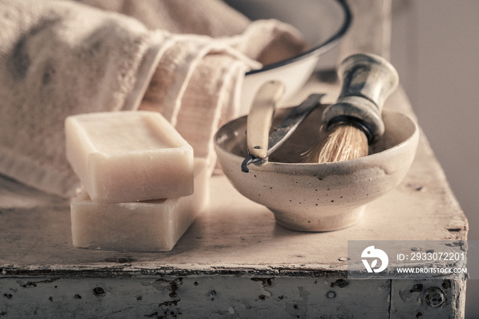 Antique tools for shave with soap, brush and old razor