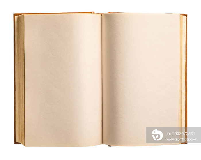 Open old book on white background