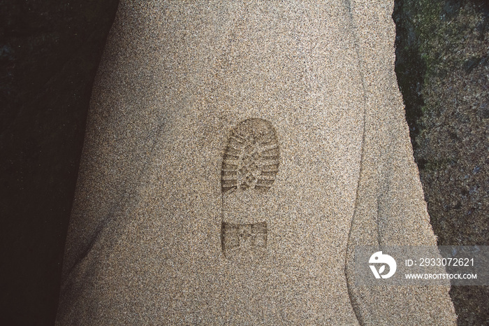 Imprint of the shoe on mud with copy space, Footprint in the dirt, Foot step on sand, background texture. Top view.