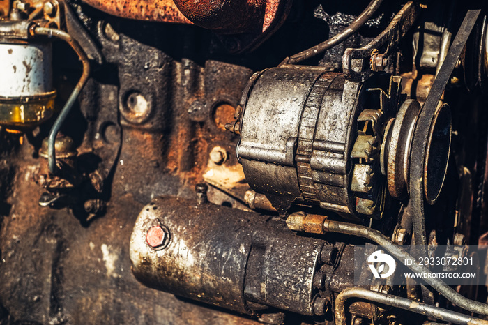 tractor dirty engine close up