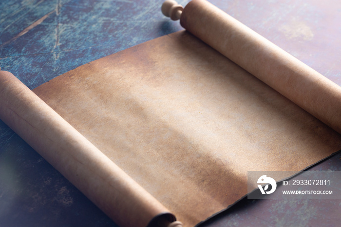 Open Blank Scroll on a Blue Rustic Wooden Table