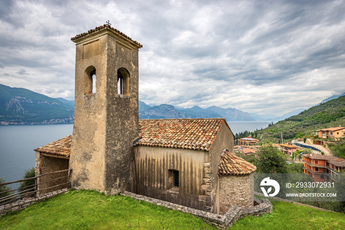 Small Church of San Antonio Abate (Saint Anthony Abbot) in Romanesque style, XIII-XIV century, Blaza district, Brenzone sul Garda, Lake Garda, Verona province, Veneto, Italy, Europe.