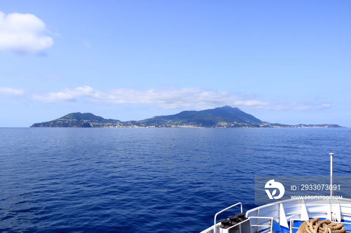 view to Ischia Ponte village and the coastline from the boat