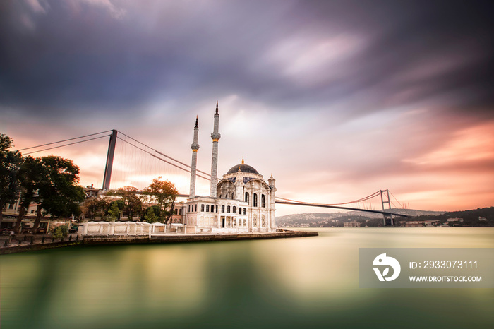 Ortakoy Mosque and Bosphorus bridge in Istanbul at sunrise, Turkey