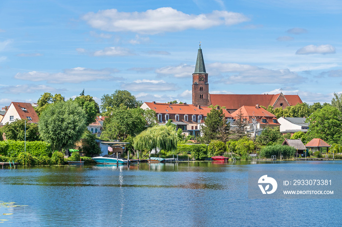 Brandenburger Stadtkanal with the Dominsel and St. Peter and Paul Cathedral in Brandenburg, Germany