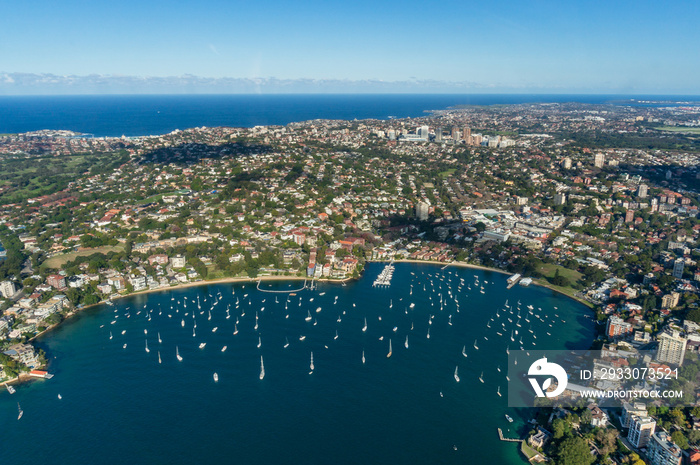 Aerial view of Sydney darling Point coastal suburbs with double Bay with yachts