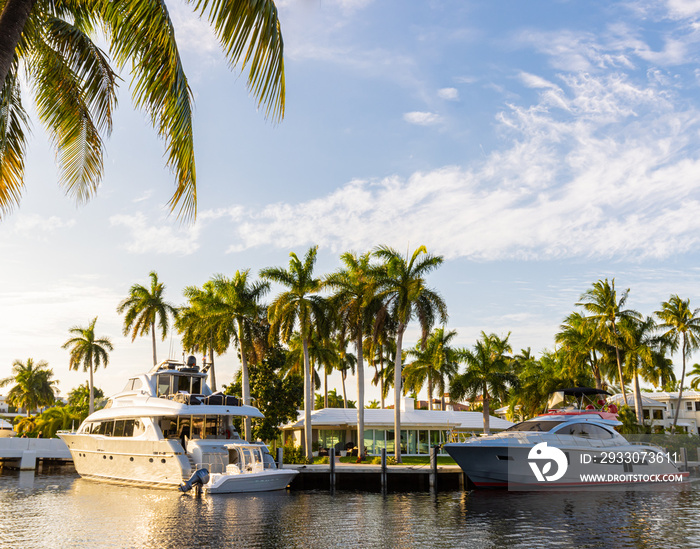 Yacht Moored With Luxury Homes on Las Olas Drive, Fort Lauderdale, Florida , USA