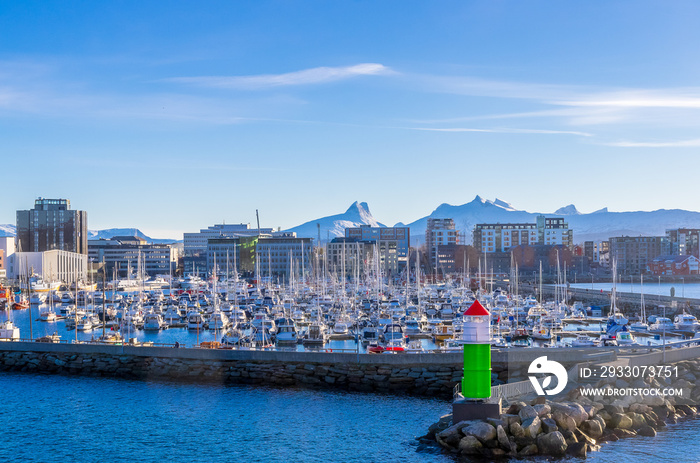 Small boats in Bodø Harbour seen from the Hurtigruten ship MS Richard With