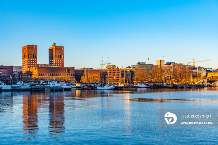 Town hall in oslo viewed behind the port, Norway