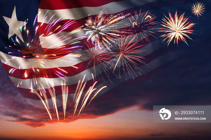 Night sky with fireworks and flag of Liberia