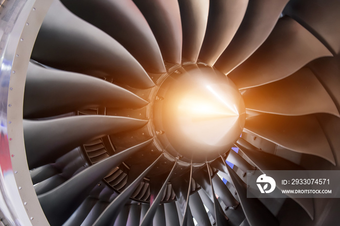 Brilliant engine jet large blades on an airplane turbine.