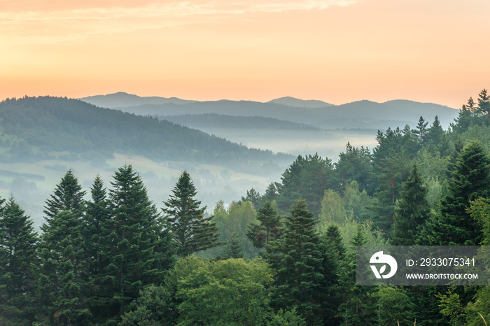 Sunrise in Ustrzyki Dolne. Mieszczady mountains.