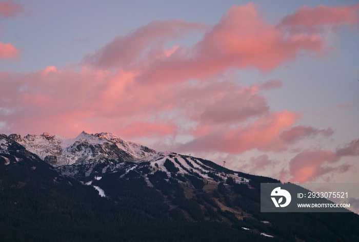 Alpine Gondola poles and ropes on Whistler Blackcomb mountain at sunset. Whistler. British Columbia. Canada