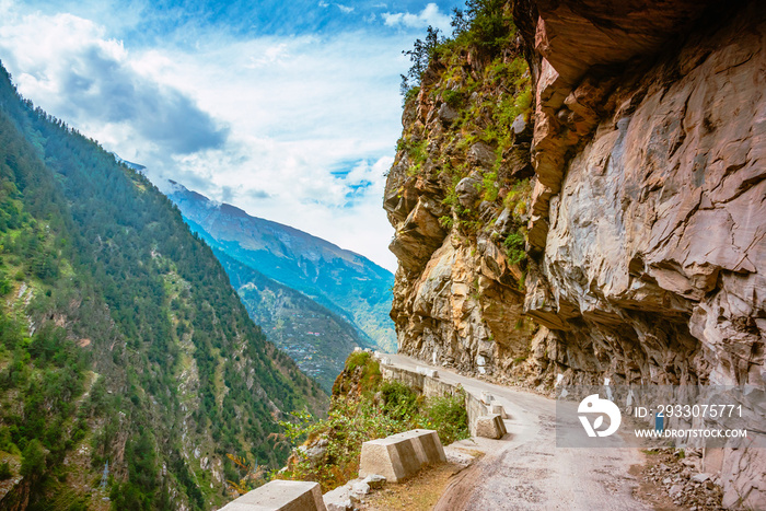 Hilly mountain road through Himalayas mountains near Chitkul, Kalpa Kinnaur, Himachal Pradesh, India.