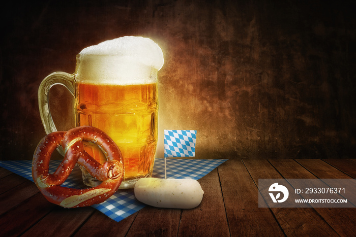 Beer and Pretzel On Table With Bavaria Flag Oktoberfest