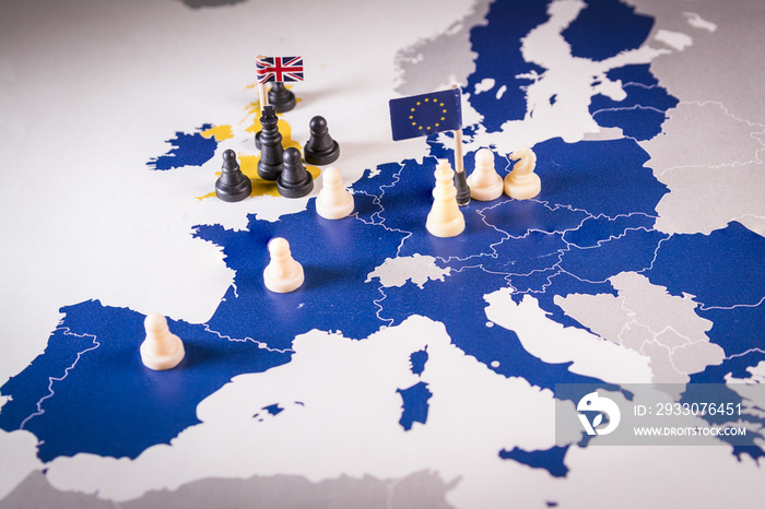 Chess pieces over an european map. Brexit concept