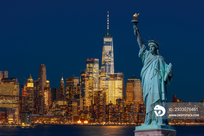 The Statue of Liberty over Lower Manhattan which is a apart of New york cityscape river side which can see One world trade center at twilight time,Architecture and building with tourist concept, USA