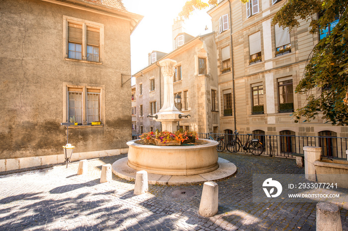 Small fountain in the old town of Geneva city in Switzerland