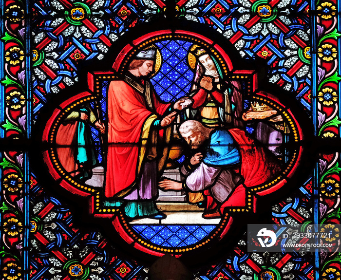 Baptism of Clovis, first Christian King of France, stained glass window in the Basilica of Saint Clotilde in Paris, France