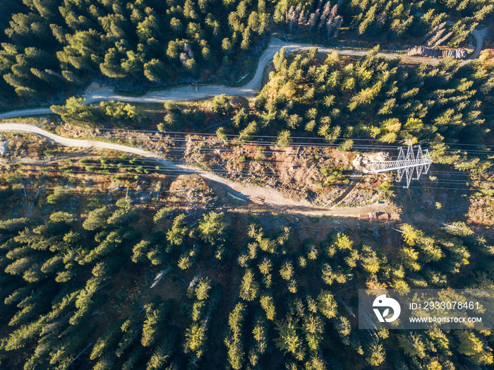 Aerial view of power line pylon in mountaineous area in Switzerland through valley in Canton of Valais